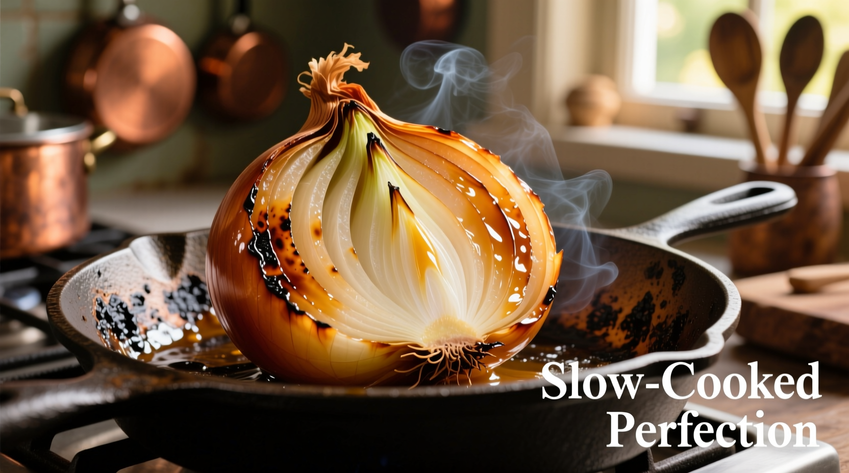 Perfectly caramelized colossal onions in cast iron skillet