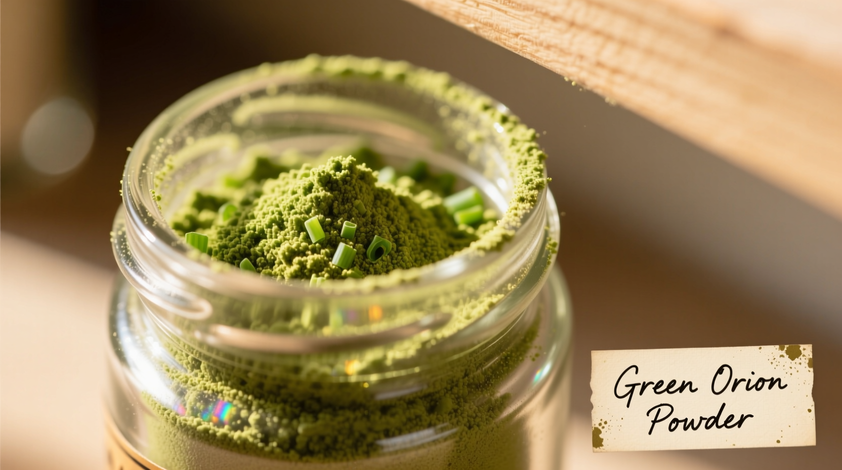 Close-up of green onion powder in spice jar