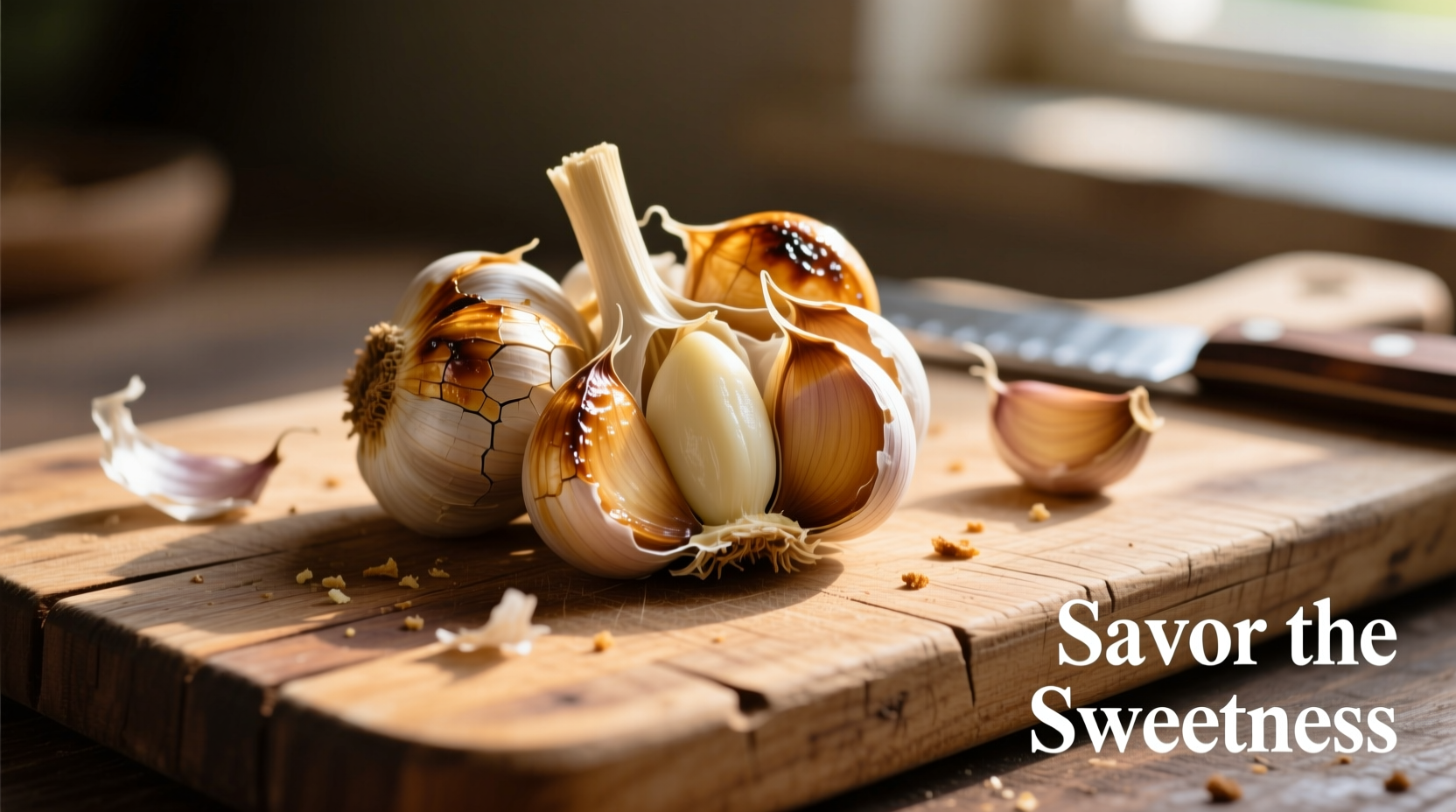 Roasted garlic cloves on wooden cutting board