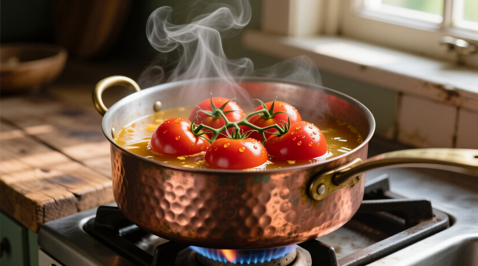 Fresh tomatoes simmering in copper pot
