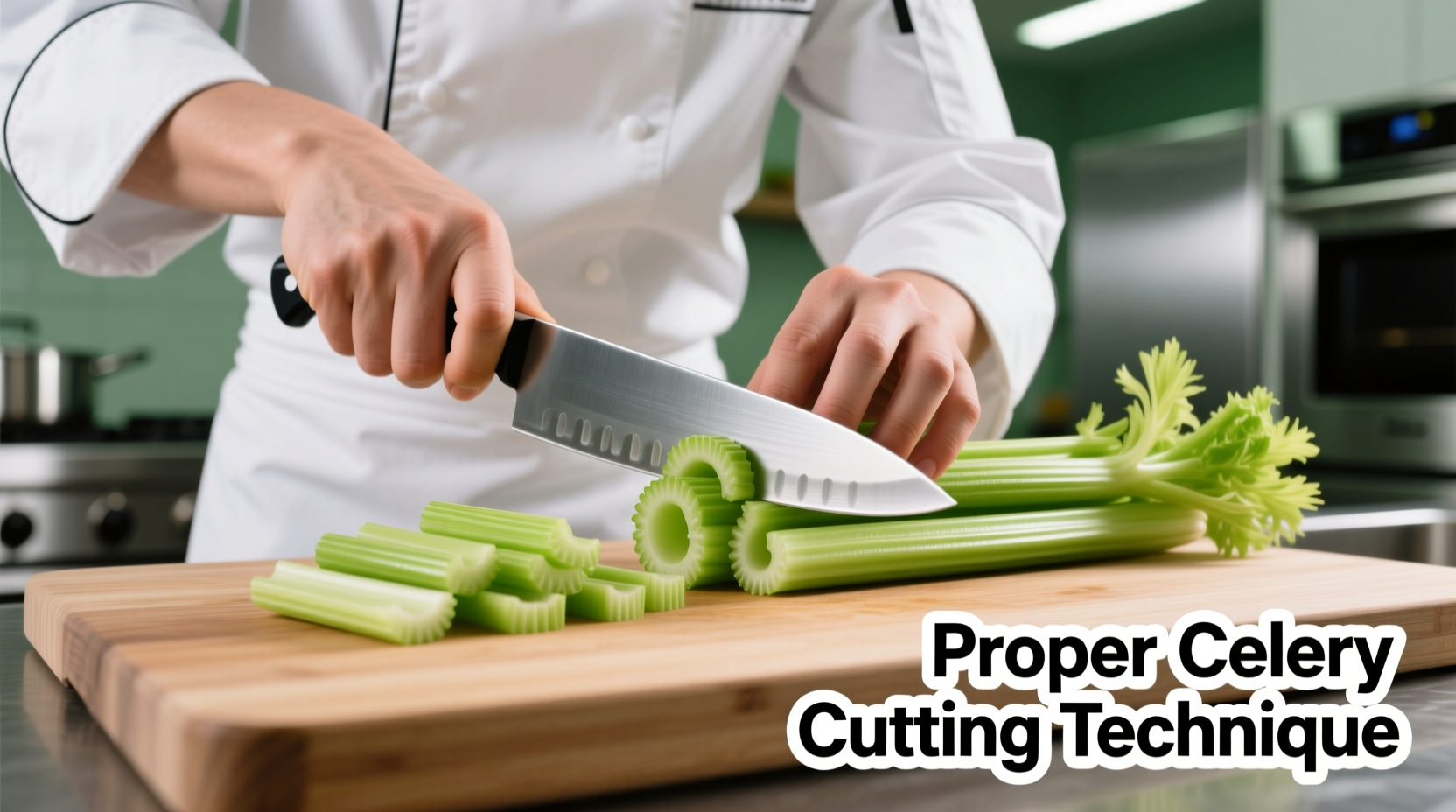 Chef demonstrating proper celery cutting technique with chef's knife