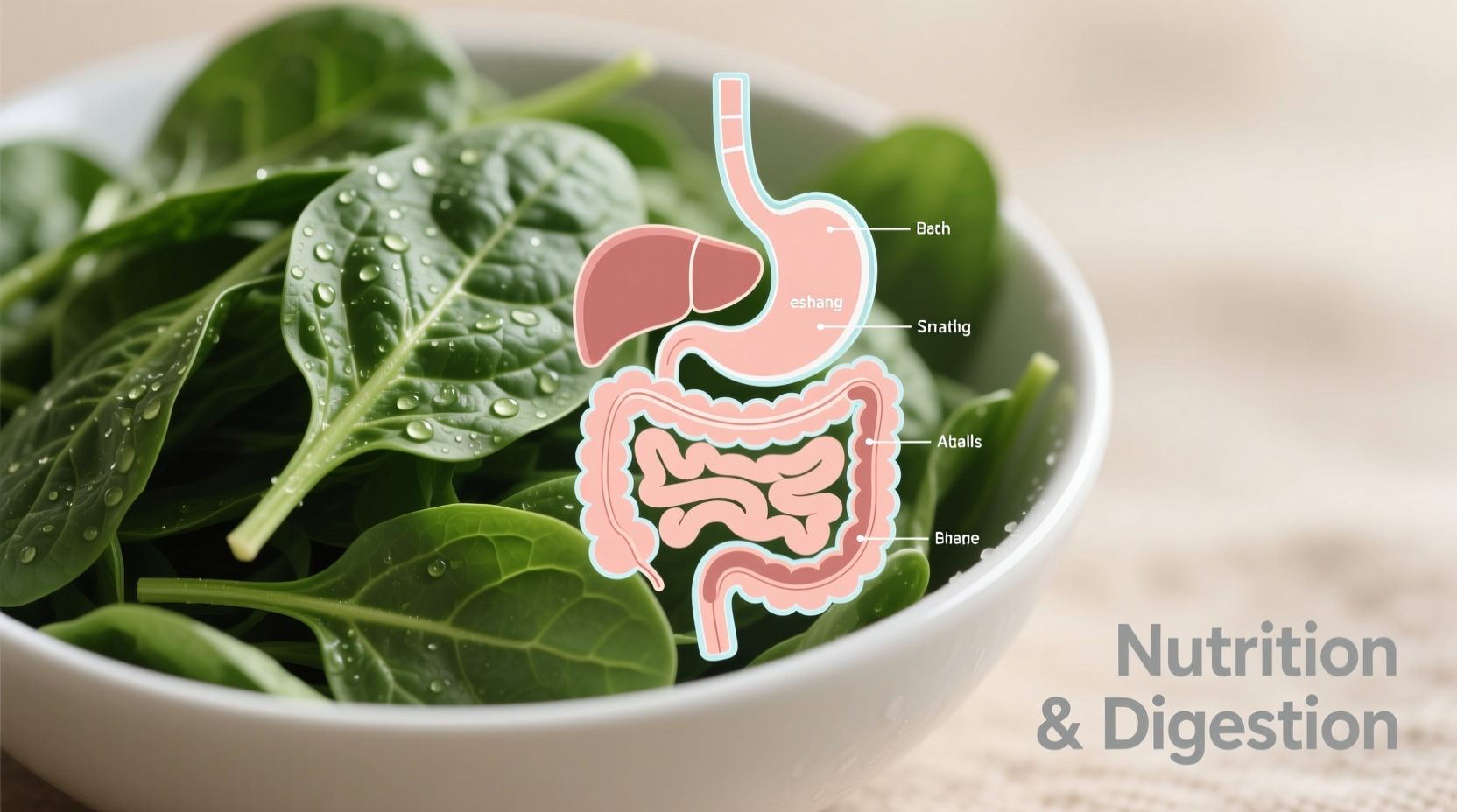 Spinach leaves in a bowl with digestive system diagram