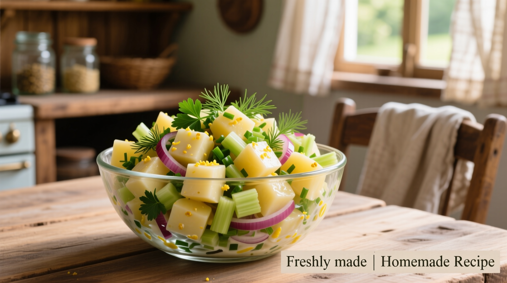 Homemade potato salad with fresh herbs in a glass bowl