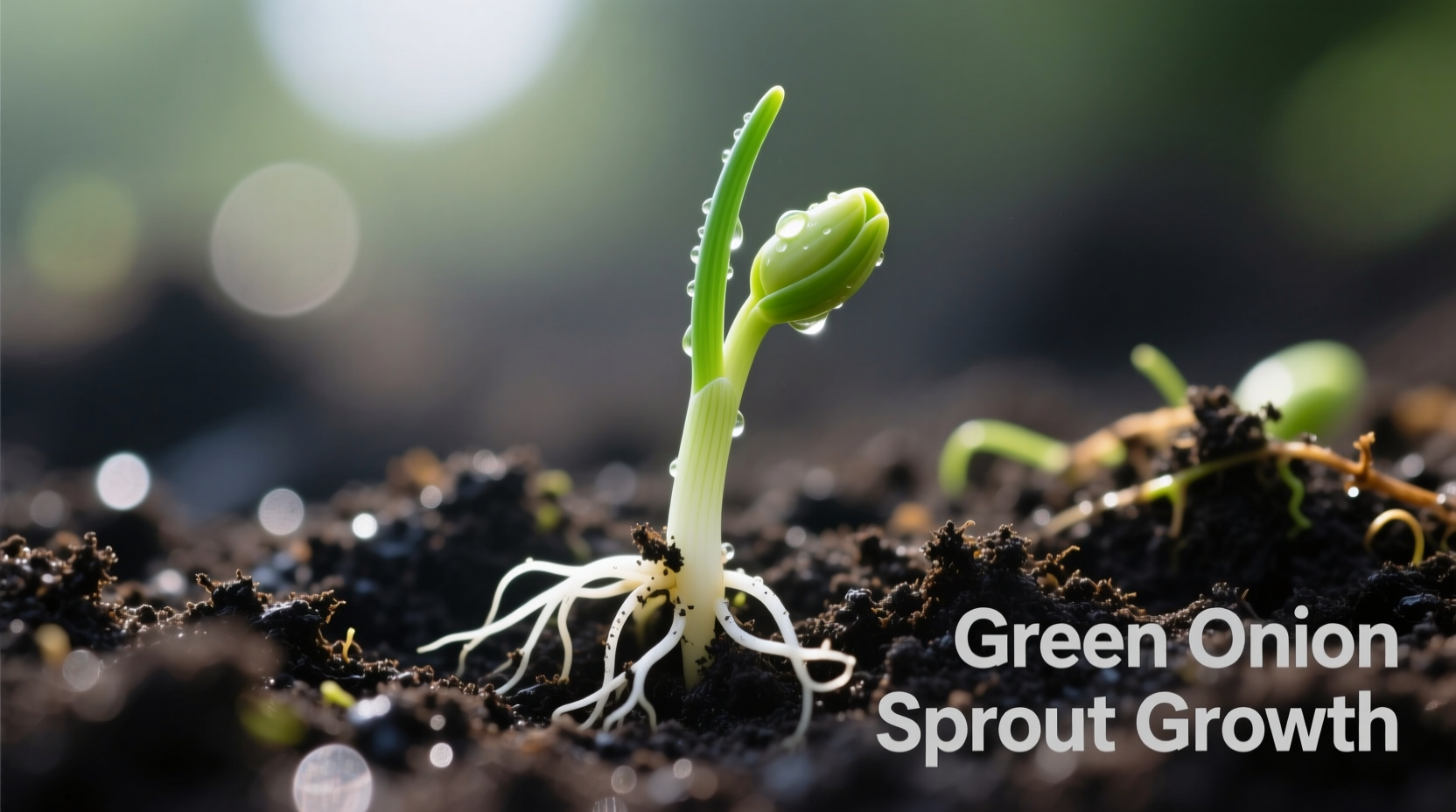 Close-up of green onion seeds in soil with sprouts