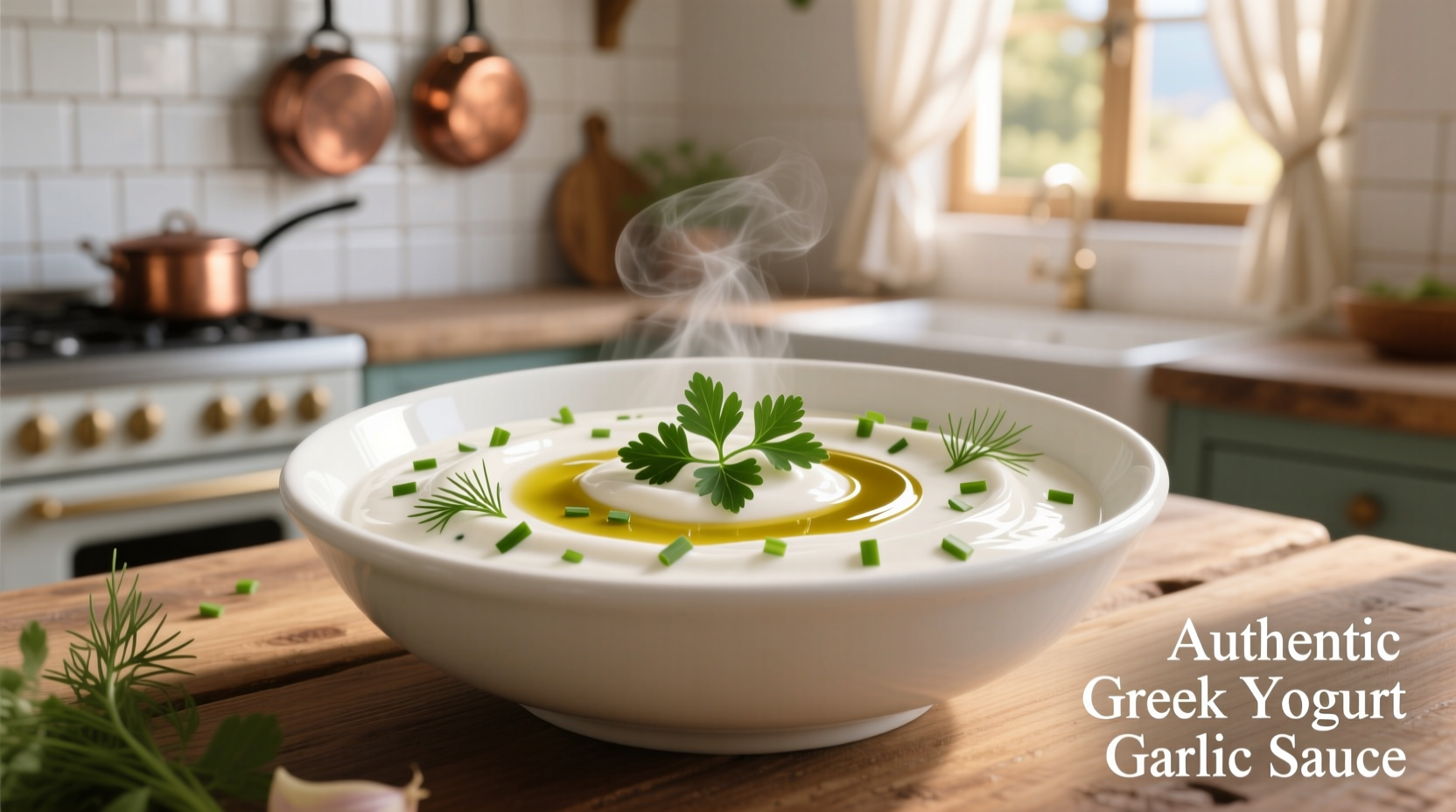 Creamy Greek yogurt garlic sauce in white bowl with herbs
