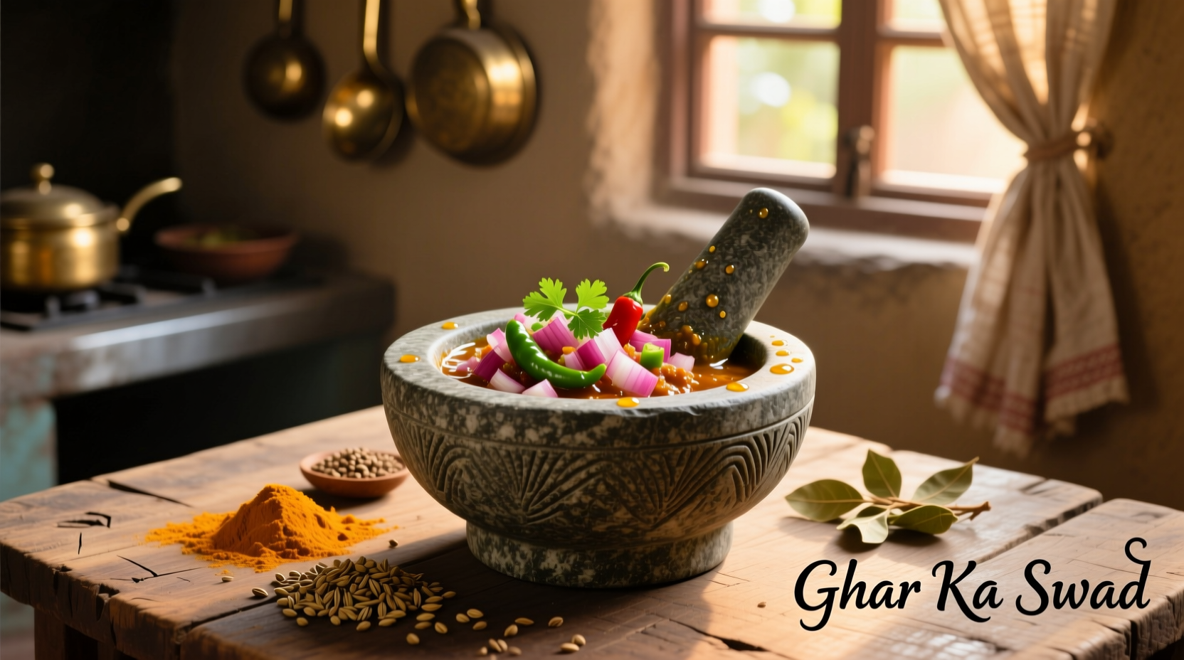Freshly made onion chutney in traditional stone bowl