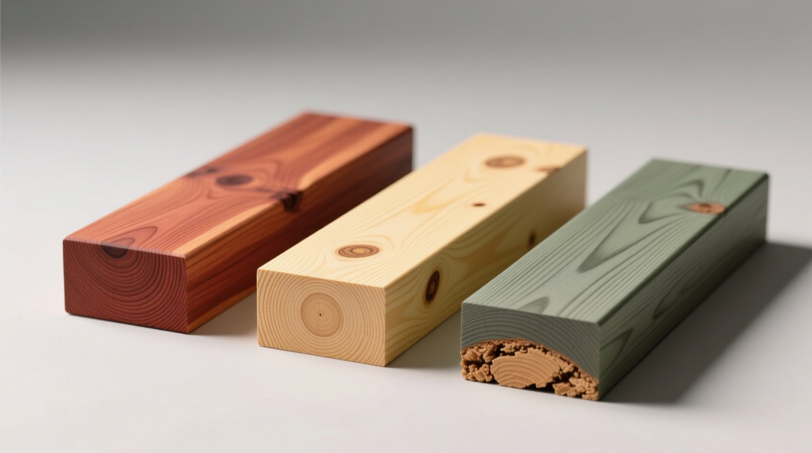 Side-by-side comparison of cedar, pine, and ACQ-treated wood samples showing natural resistance to rot in garden bed construction