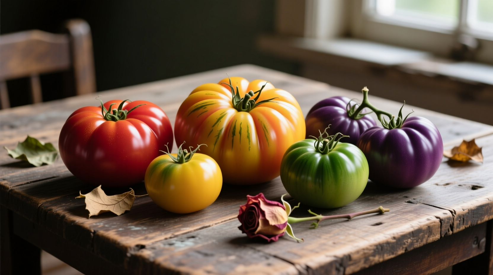 Heirloom tomatoes arranged by color on wooden table