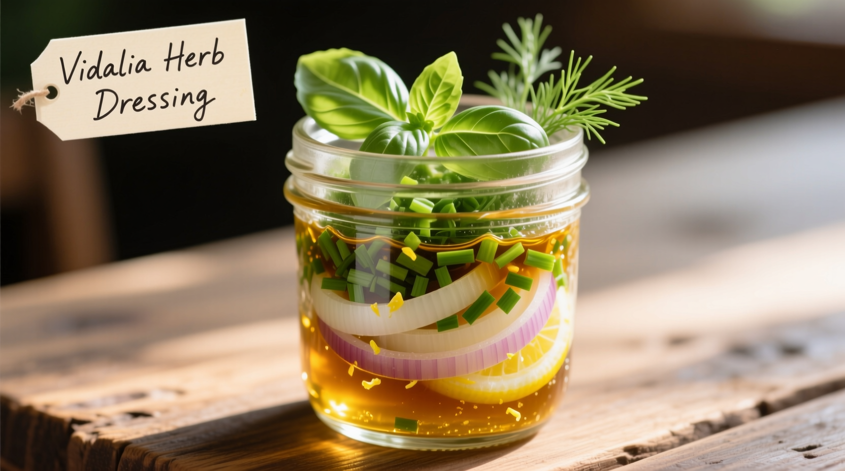Fresh Vidalia onion dressing in mason jar with herbs