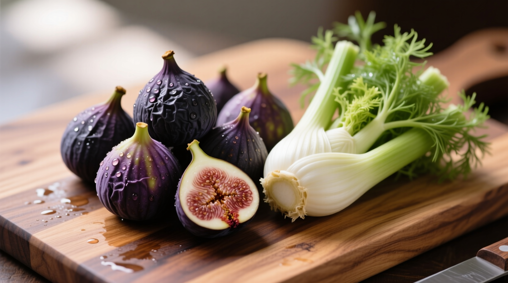 Fresh figs and fennel bulb on wooden cutting board