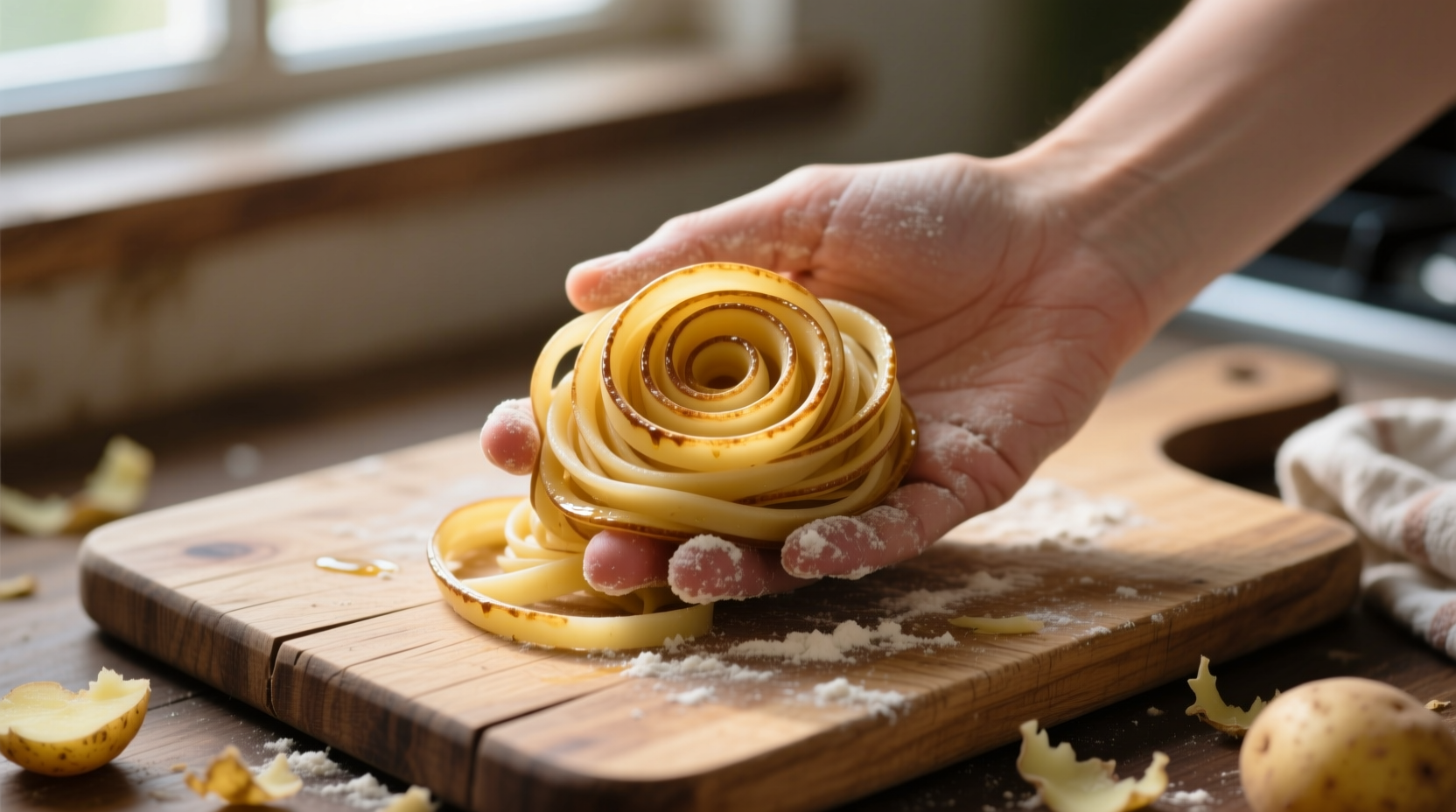 Hand holding spiral cut potato noodles on cutting board
