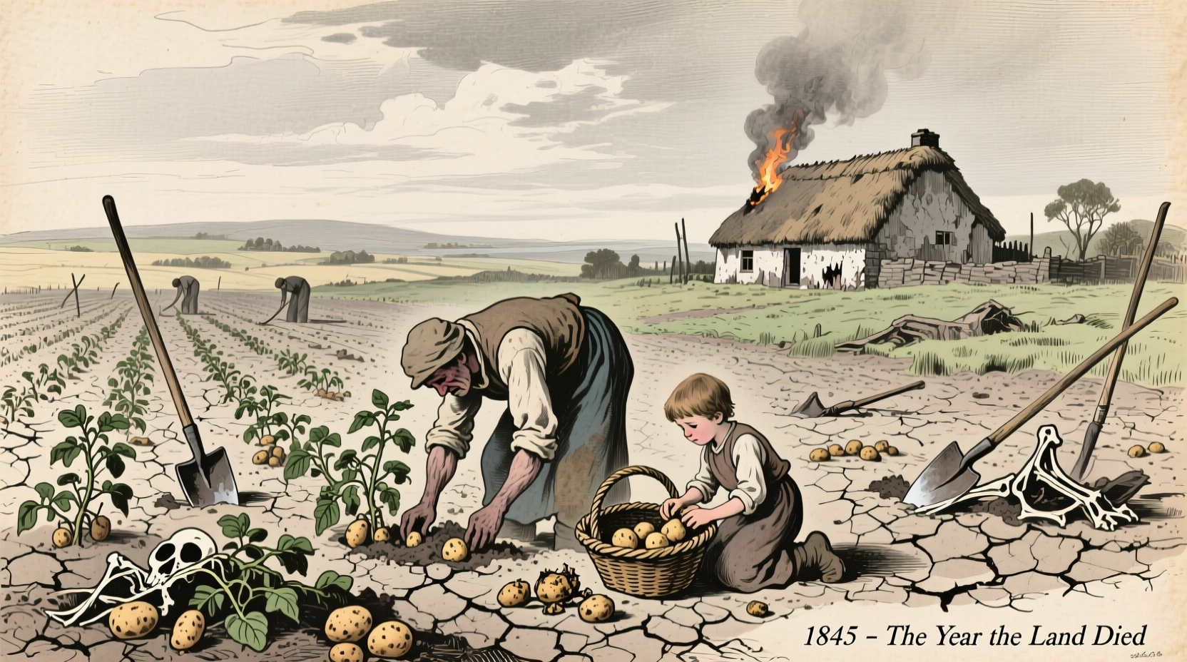 Historical illustration of Irish potato fields during famine