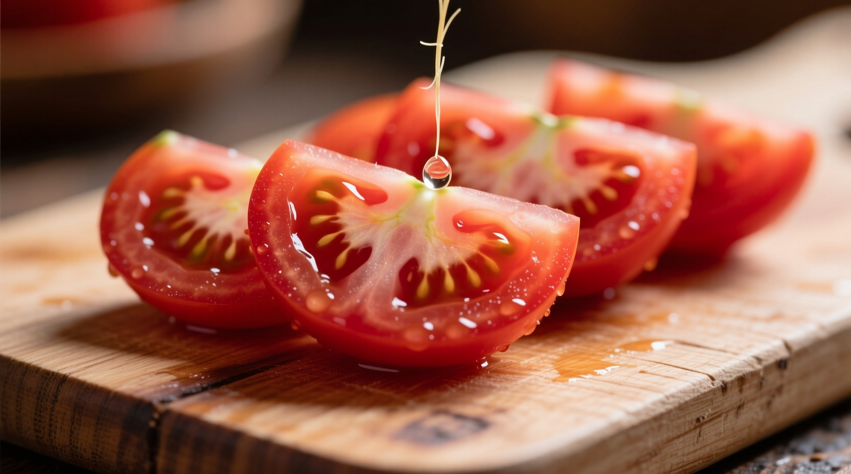 Fresh tomatoes with visible fiber strands on cutting board