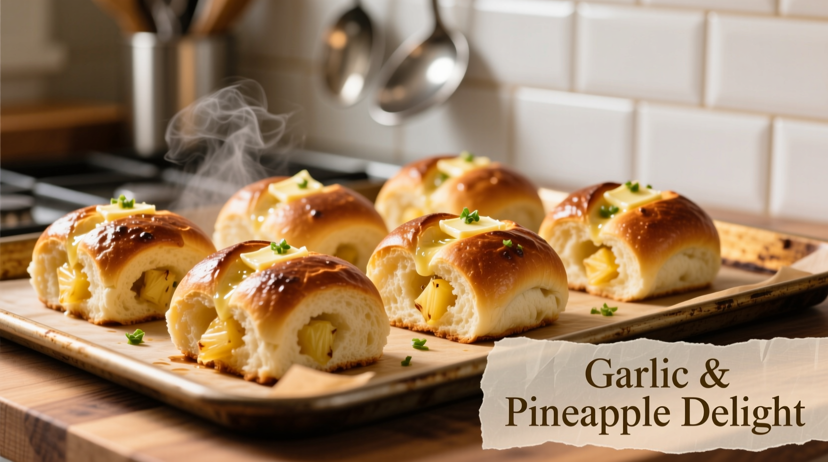 Golden brown Hawaiian roll garlic bread on baking sheet