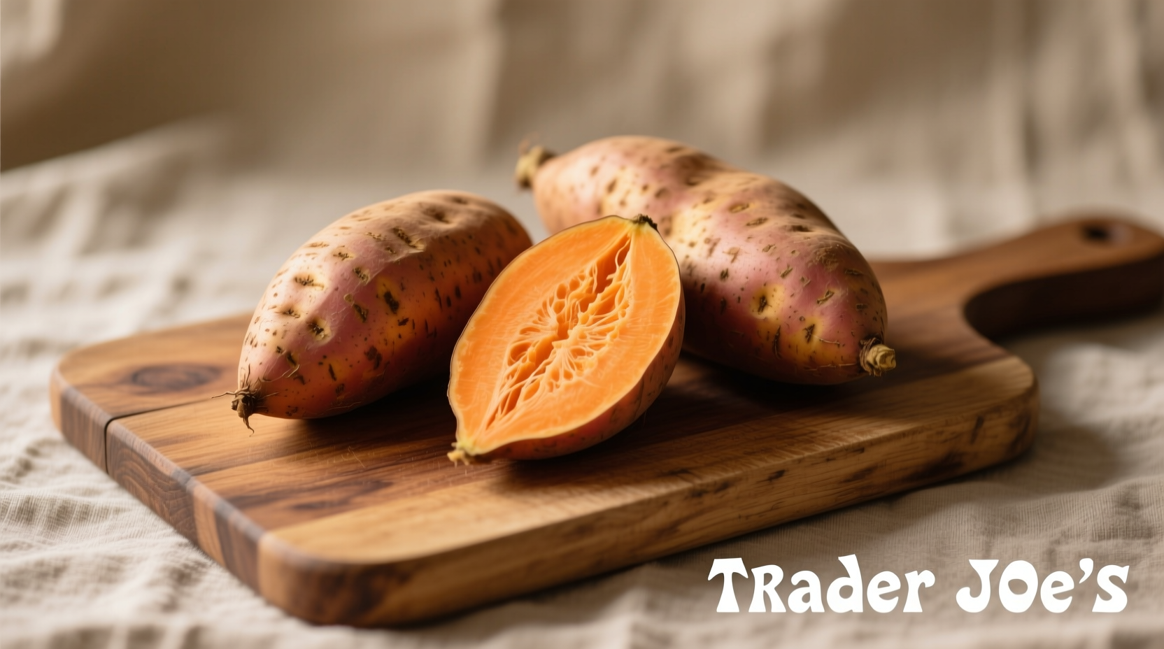 Trader Joe's sweet potatoes on wooden cutting board