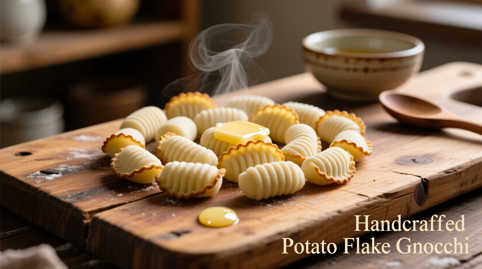 Perfectly shaped potato flake gnocchi on wooden board