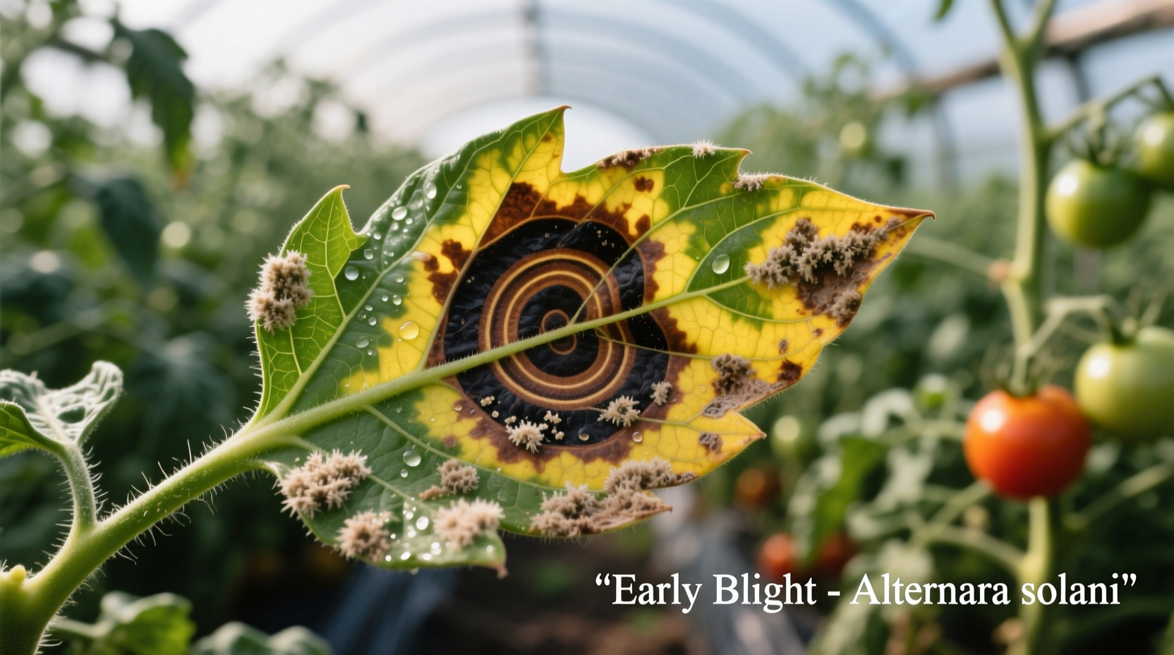 Tomatenblatt mit konzentrischen Ring-Symptomen von Frühschorf