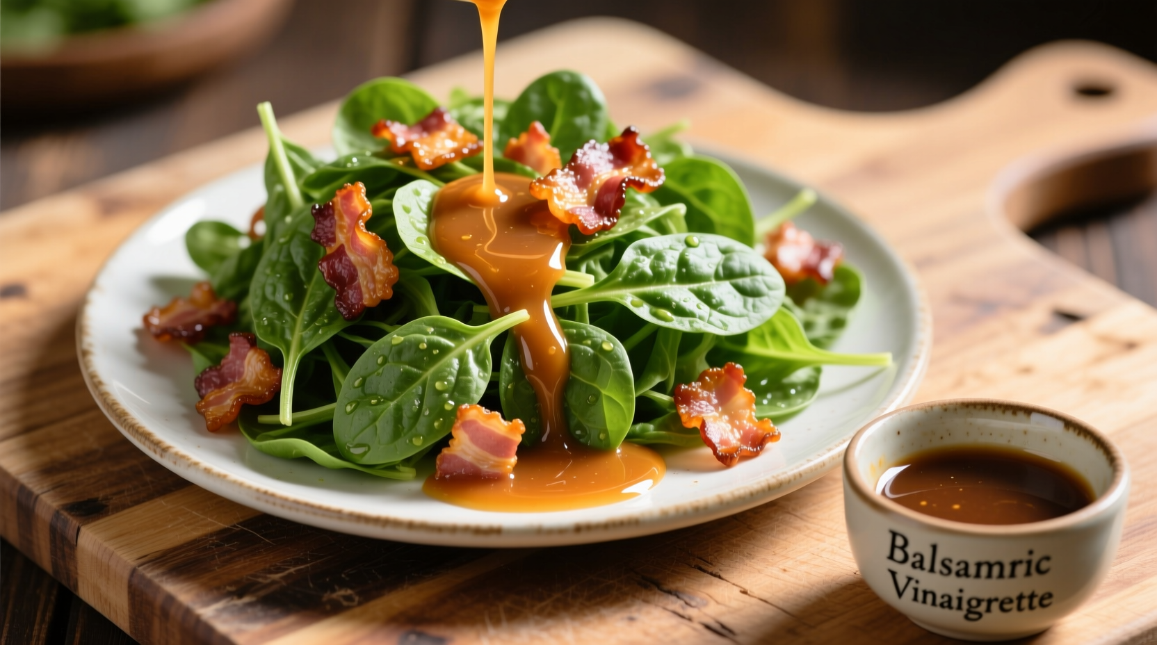 Fresh spinach salad with crispy bacon and warm vinaigrette