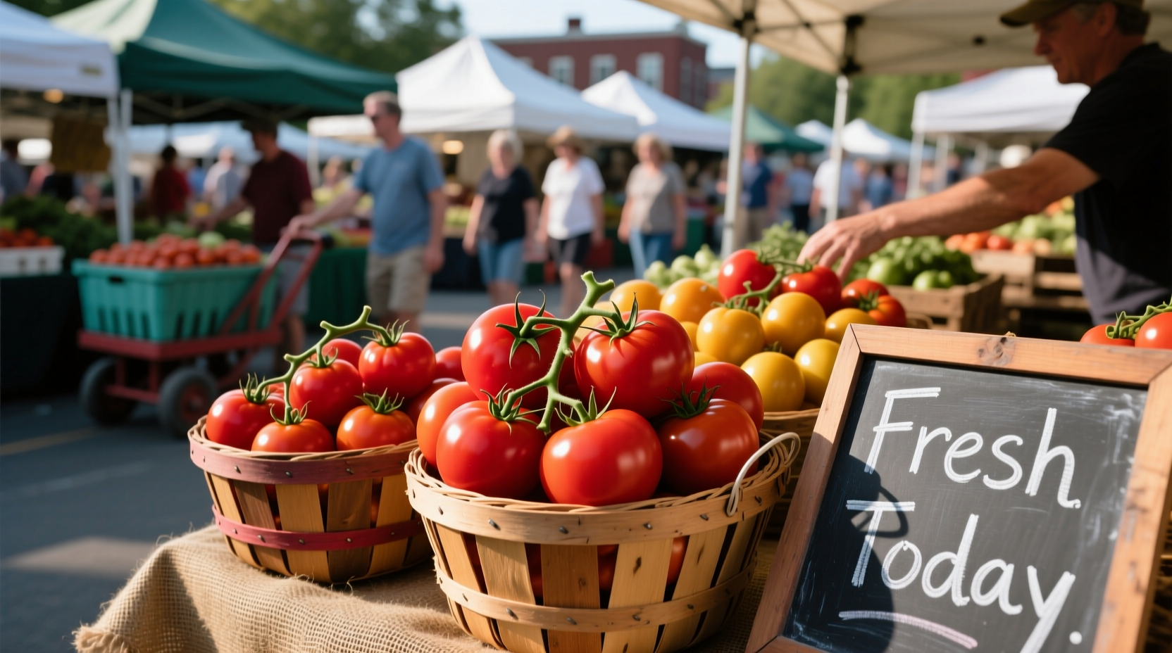 Fresh tomatoes at a Providence farmers market display
