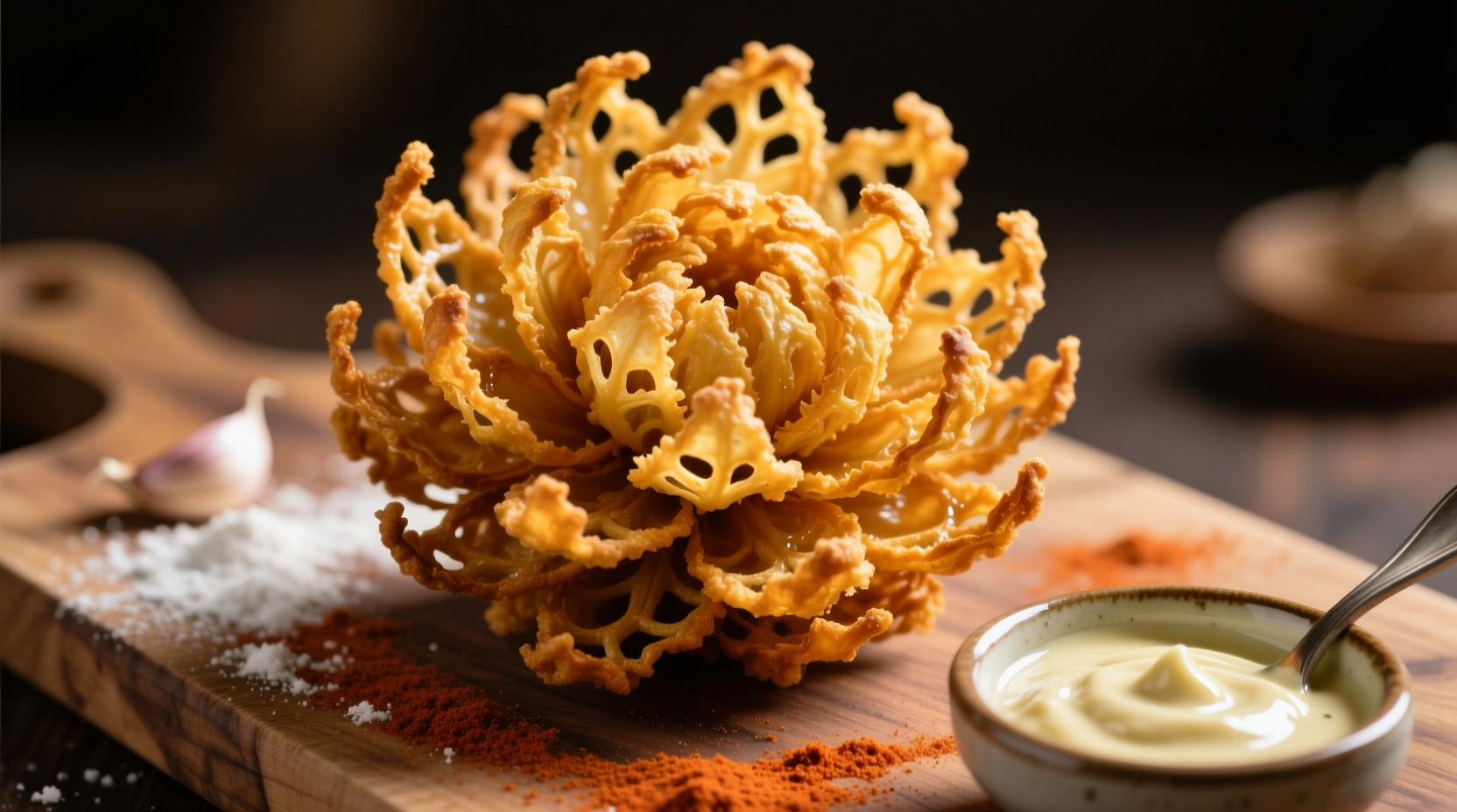 Deep-fried blooming onion with dipping sauce
