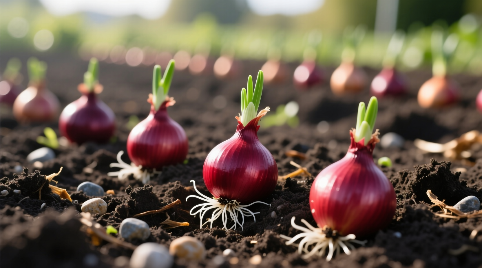 Red onion sets planted in garden soil