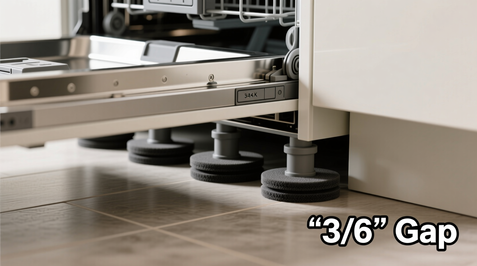 Close-up photo showing properly installed neoprene pads on dishwasher feet and behind kickplate, with clear 3/8-inch gap visible between unit and adjacent cabinet