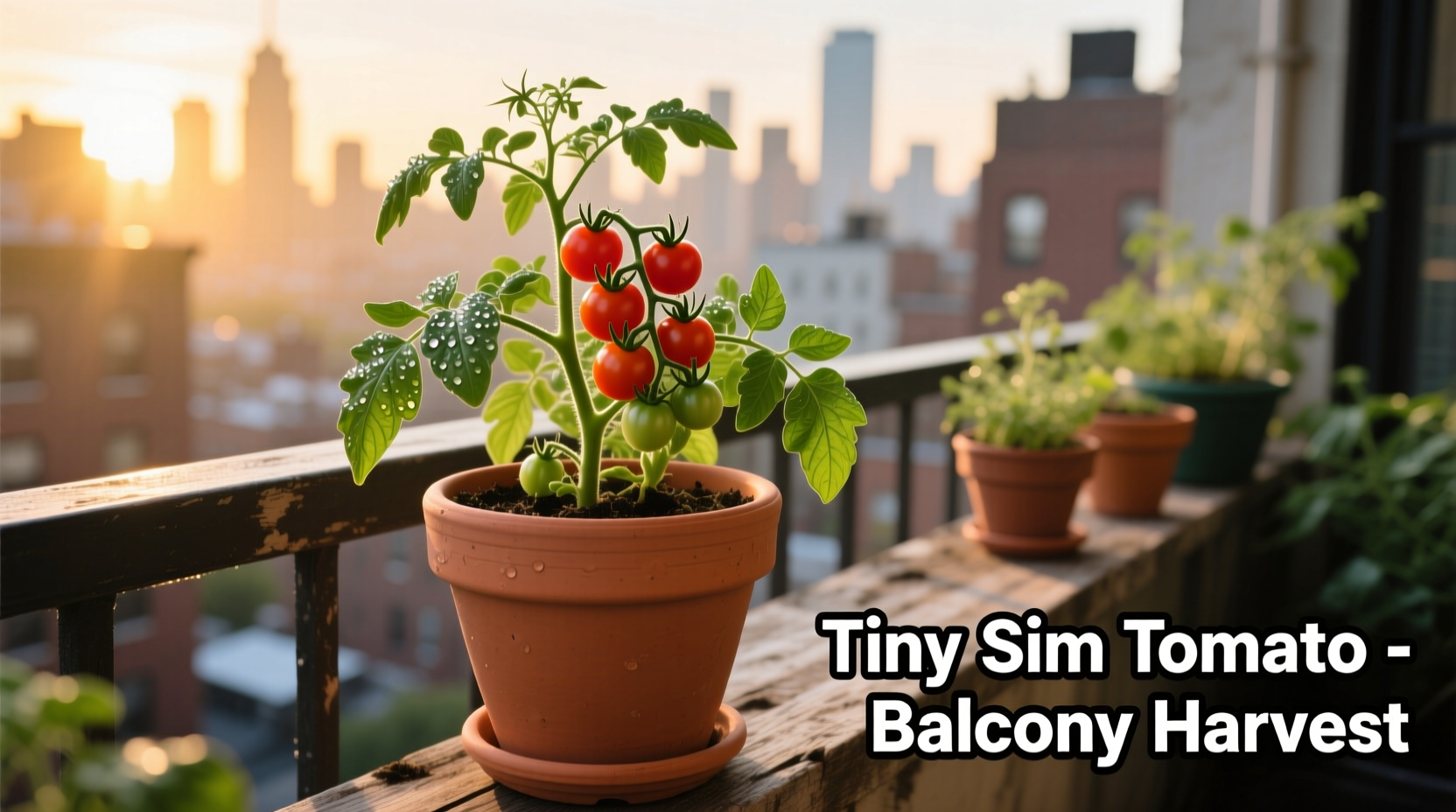 Tiny Tim tomato plant growing in 5-gallon container on balcony