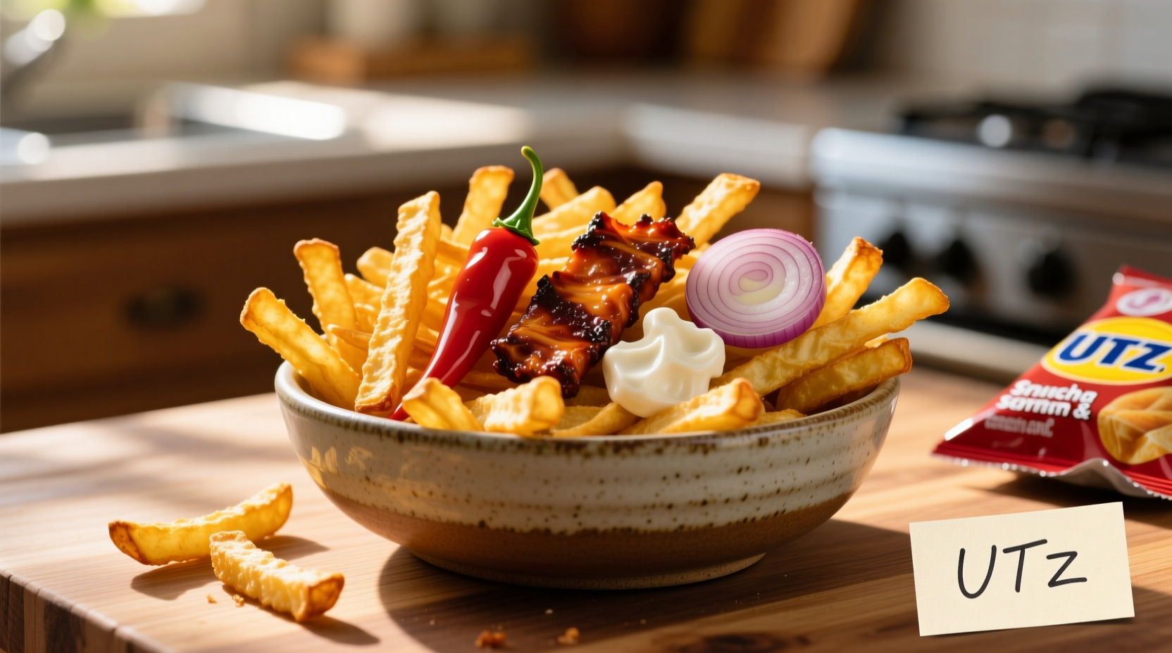 UTZ potato sticks arranged in a bowl with various flavors