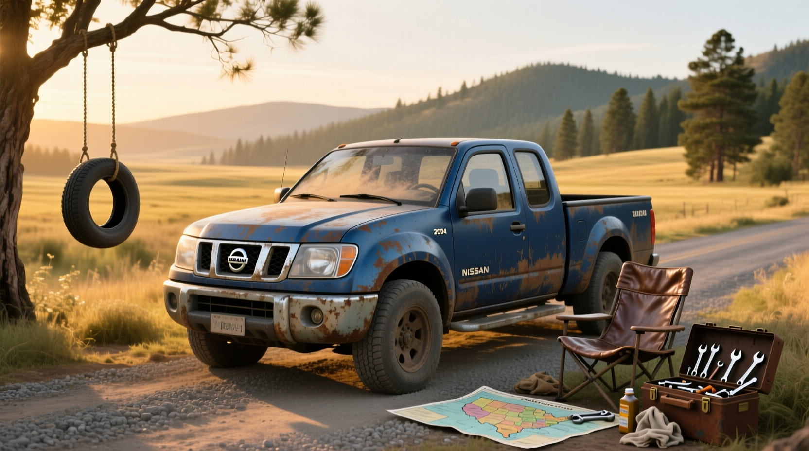 2004 Nissan Frontier parked next to tools and lumber
