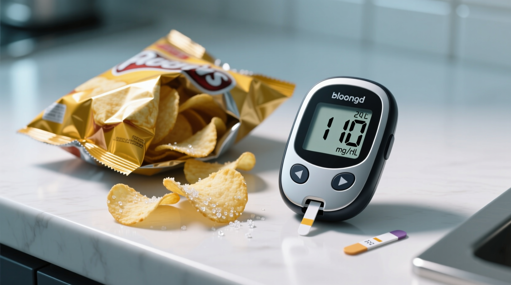Potato chips next to blood glucose meter
