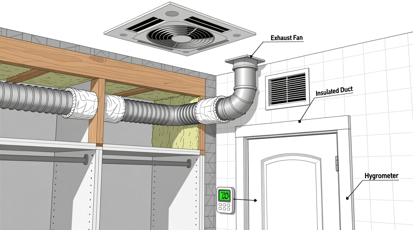 Cross-section diagram showing a basement closet with an inline exhaust fan mounted in the ceiling, insulated flexible duct running through joist space to an exterior wall vent, and a digital hygrometer mounted on the closet door frame