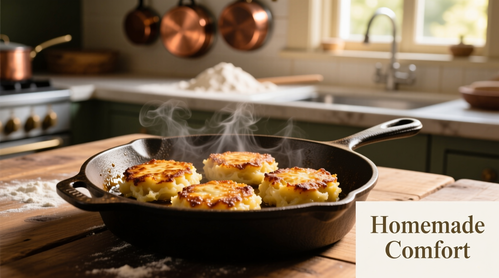 Golden brown mashed potato patties on cast iron skillet