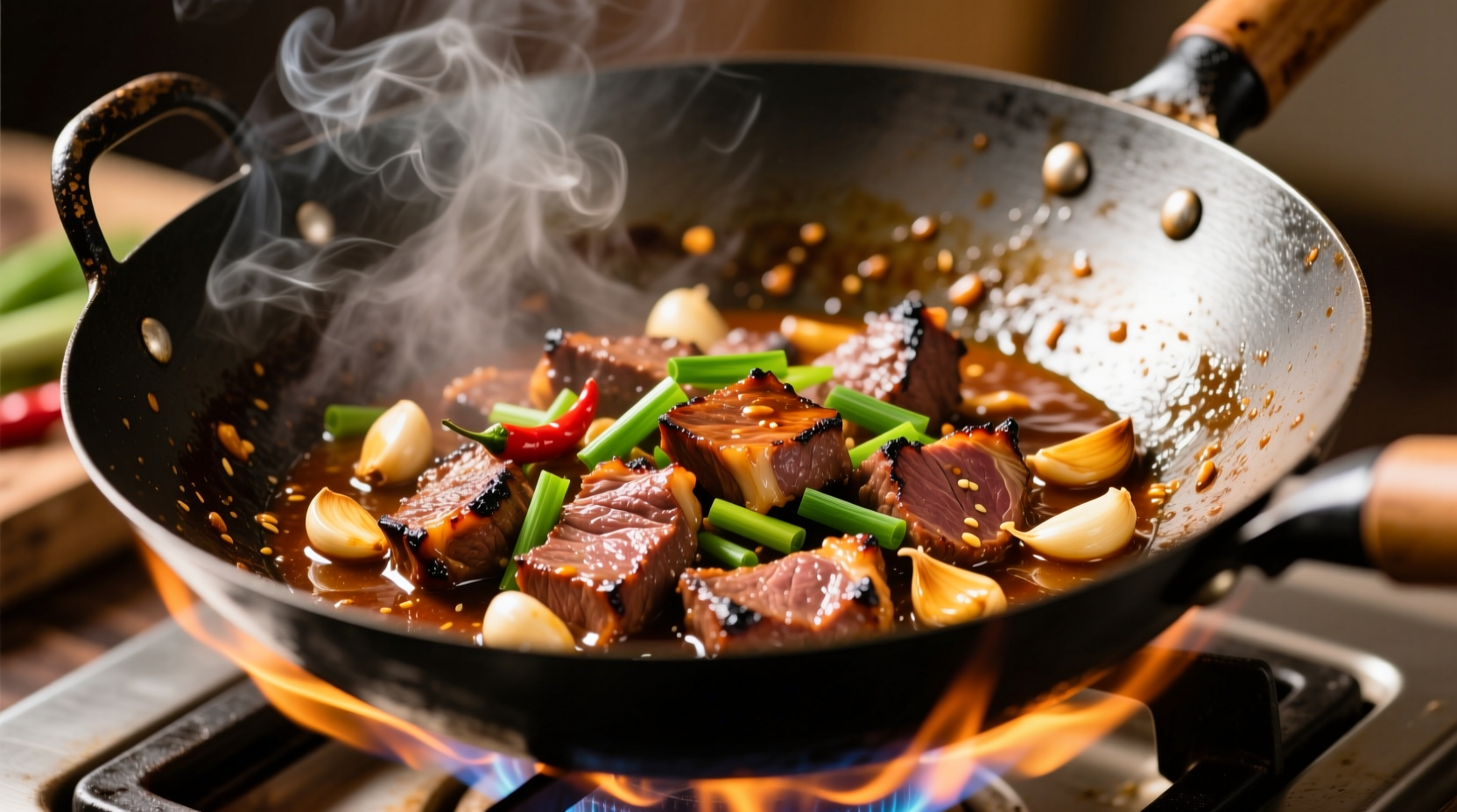 Homemade beef and garlic sauce in wok