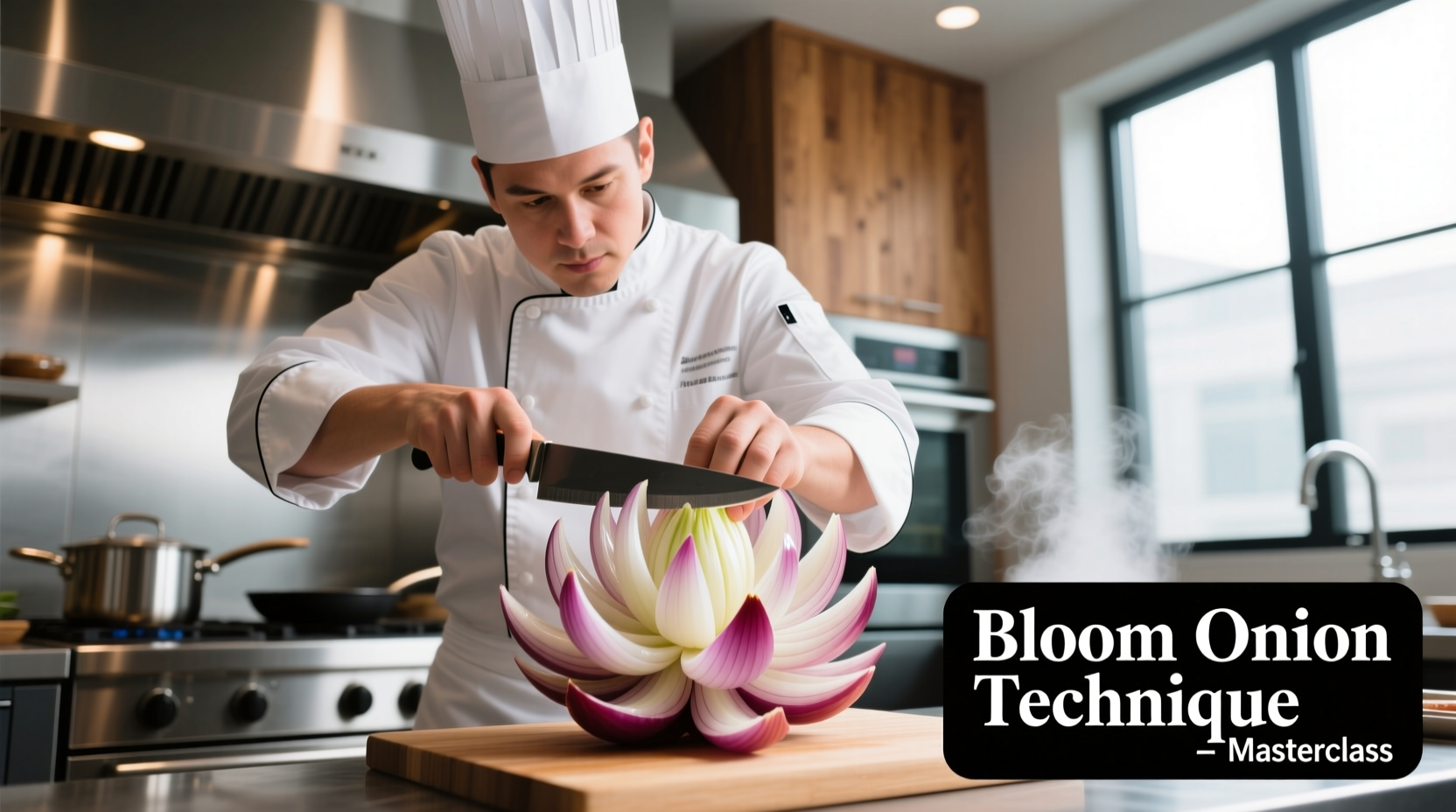 Professional chef demonstrating bloom onion technique