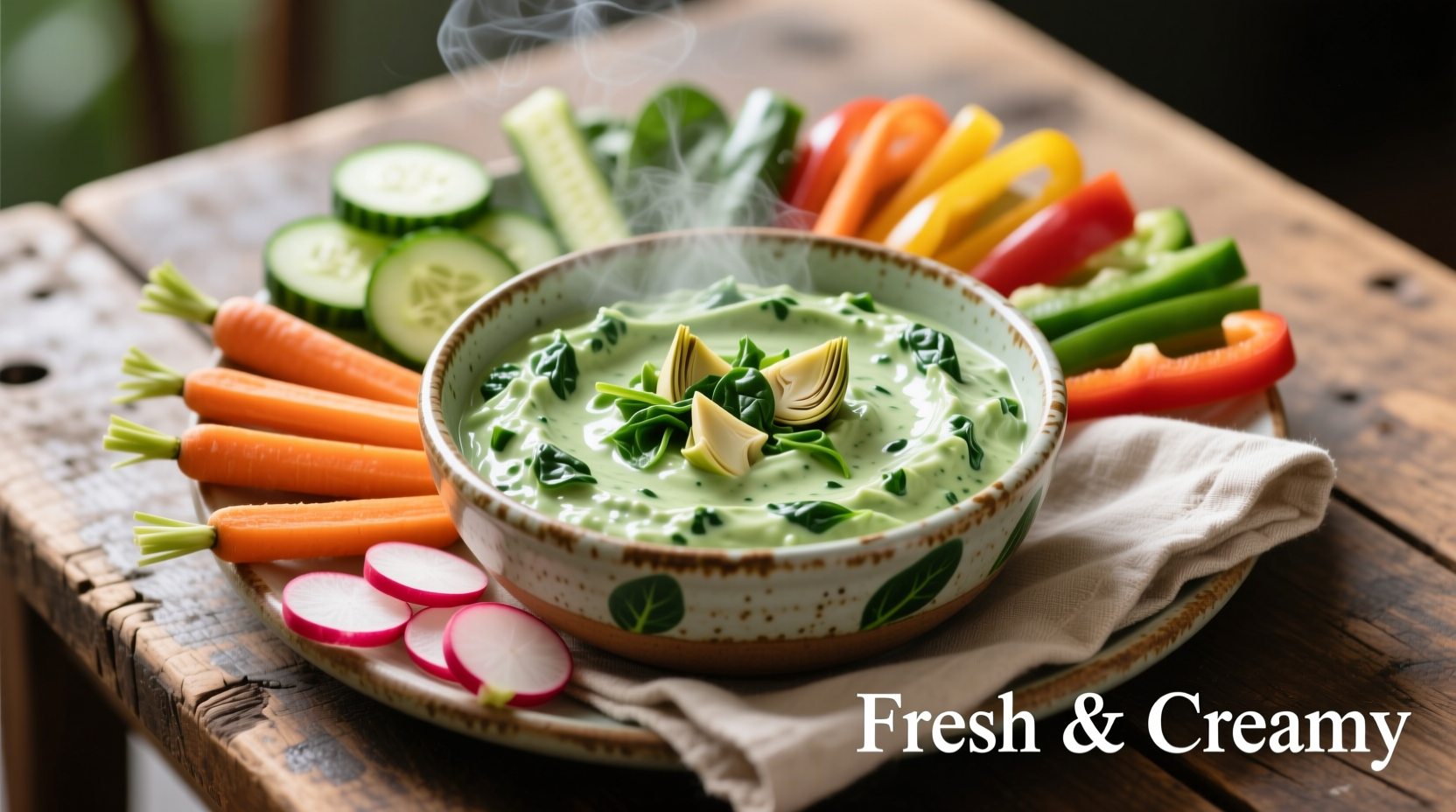 Creamy cold spinach and artichoke dip in serving bowl with vegetable dippers