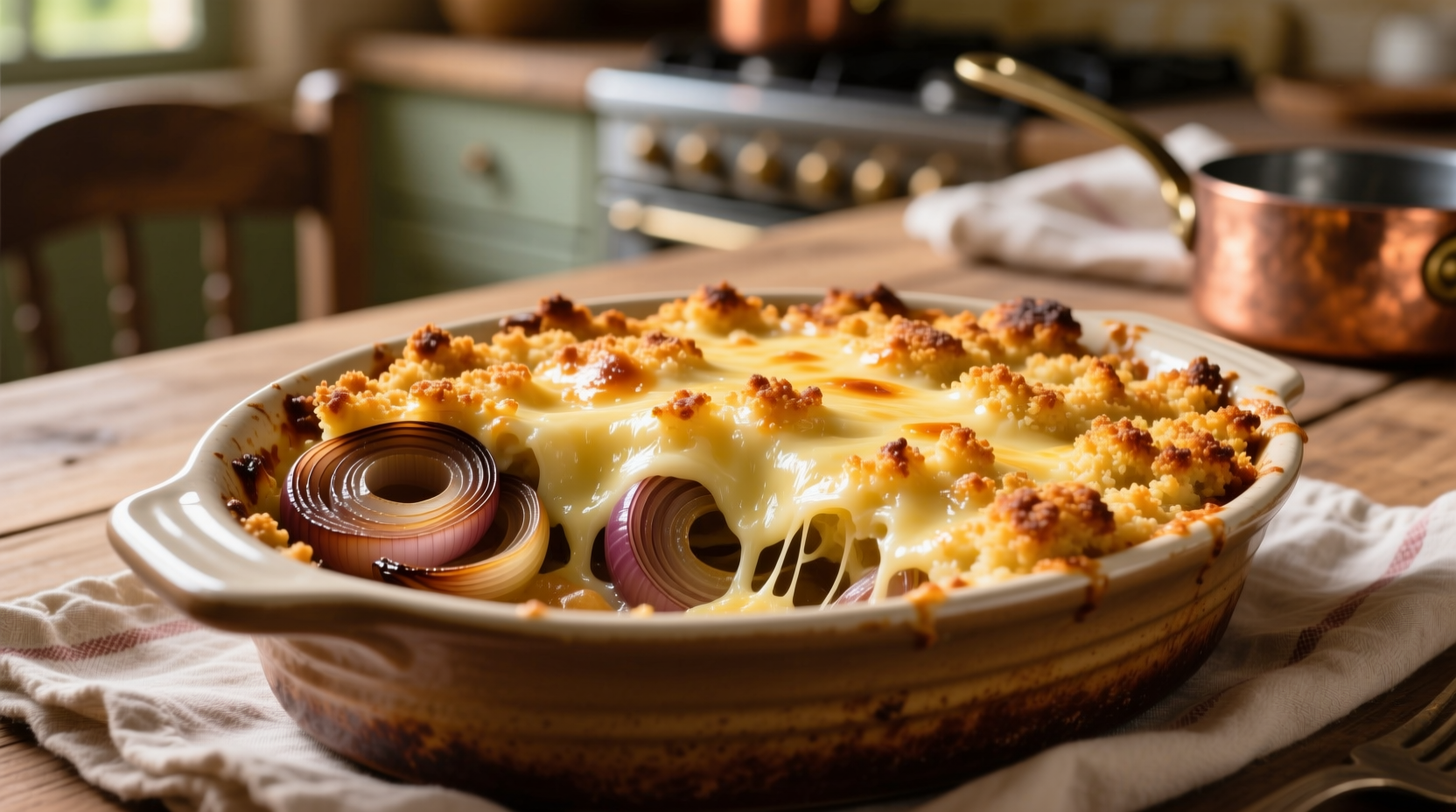 Golden French onion casserole with melted cheese and crispy topping