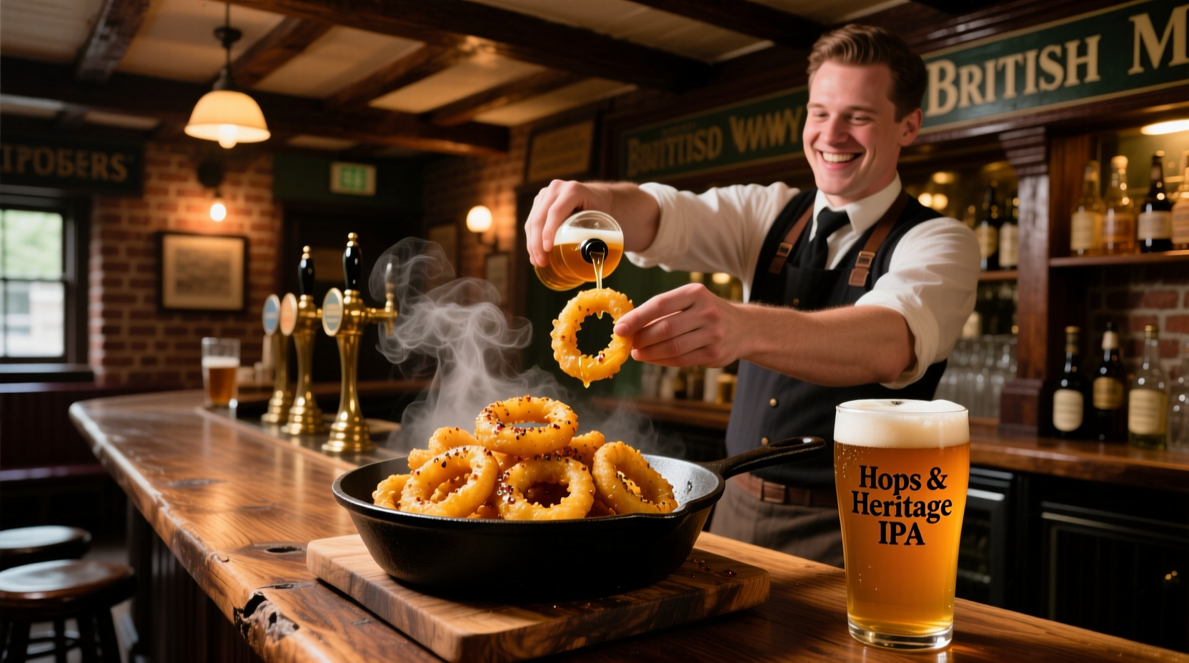 Traditional pub serving golden onion rings and craft beer