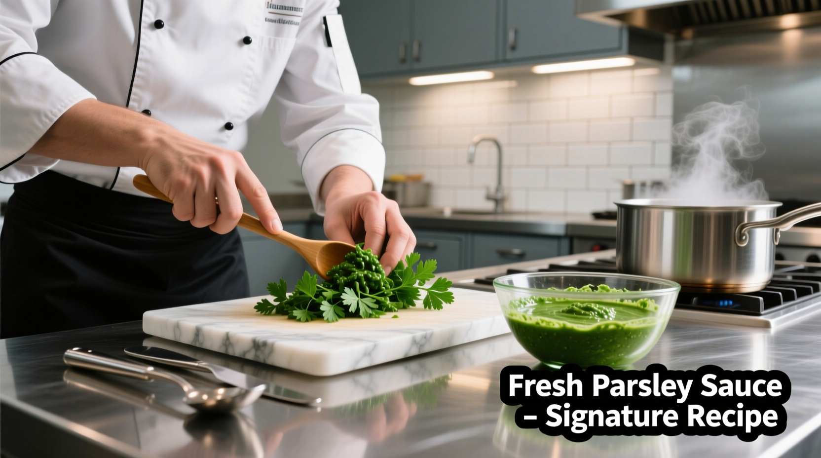 Chef preparing fresh parsley sauce in professional kitchen