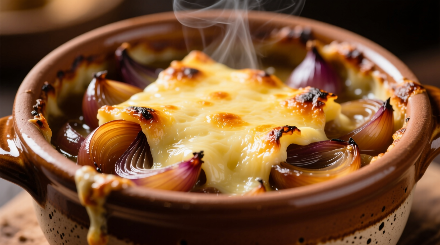 French onion soup in traditional crock with melted cheese