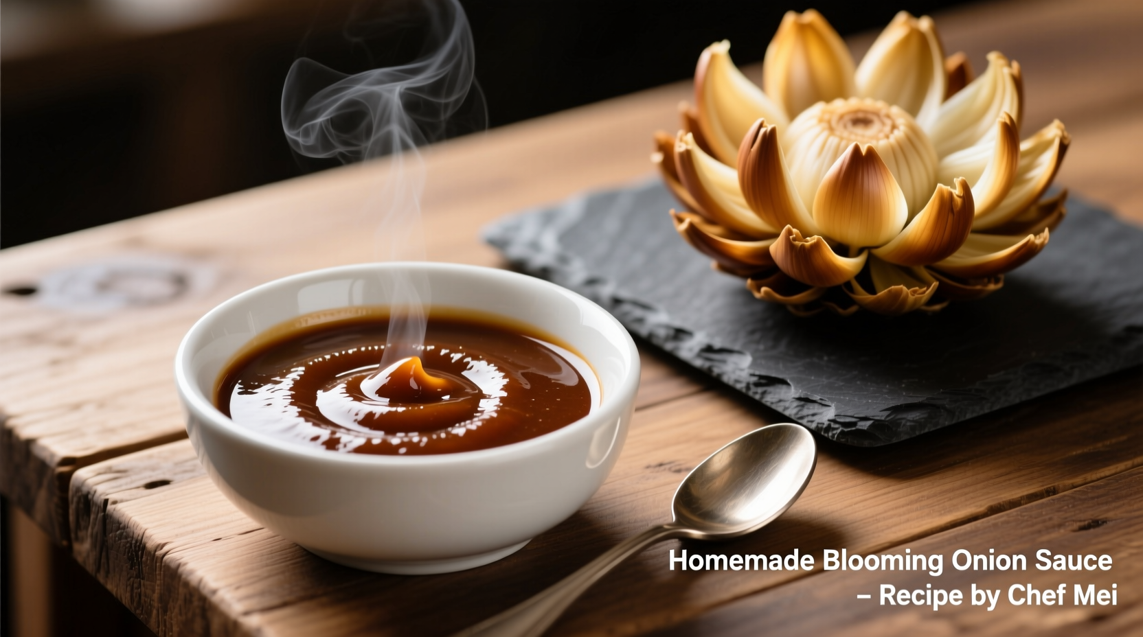 Homemade blooming onion sauce in white bowl with dipping demonstration