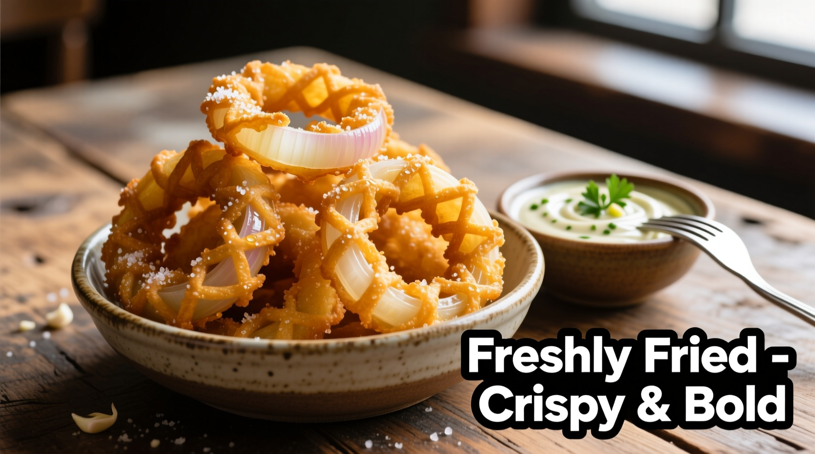 Freshly made beer battered onion rings served with dipping sauce