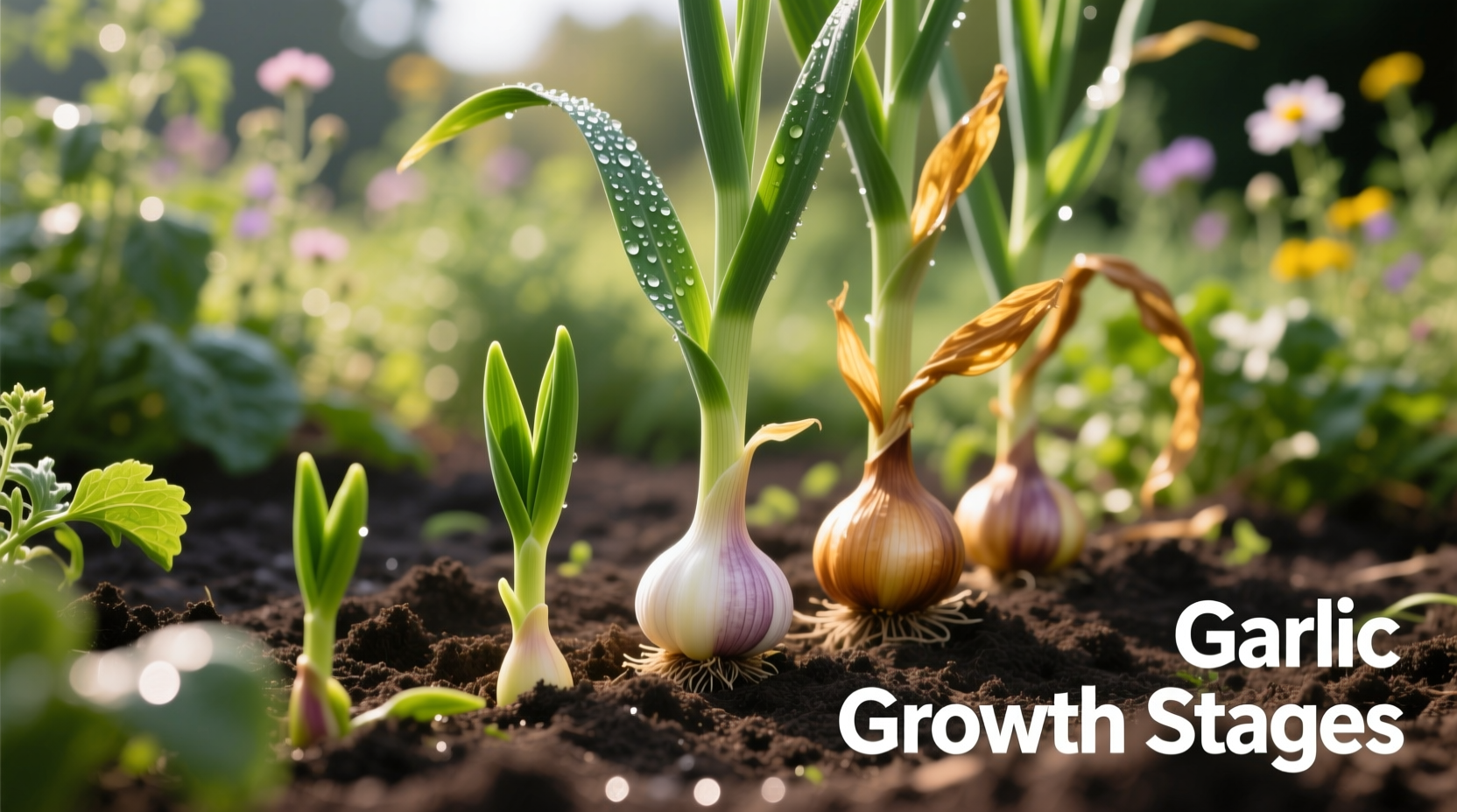 Garlic plants at various growth stages in garden