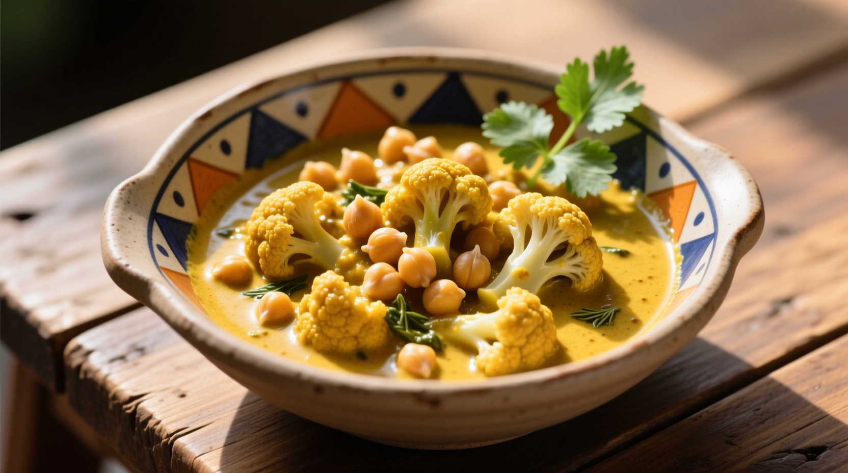Golden chickpea cauliflower curry in ceramic bowl