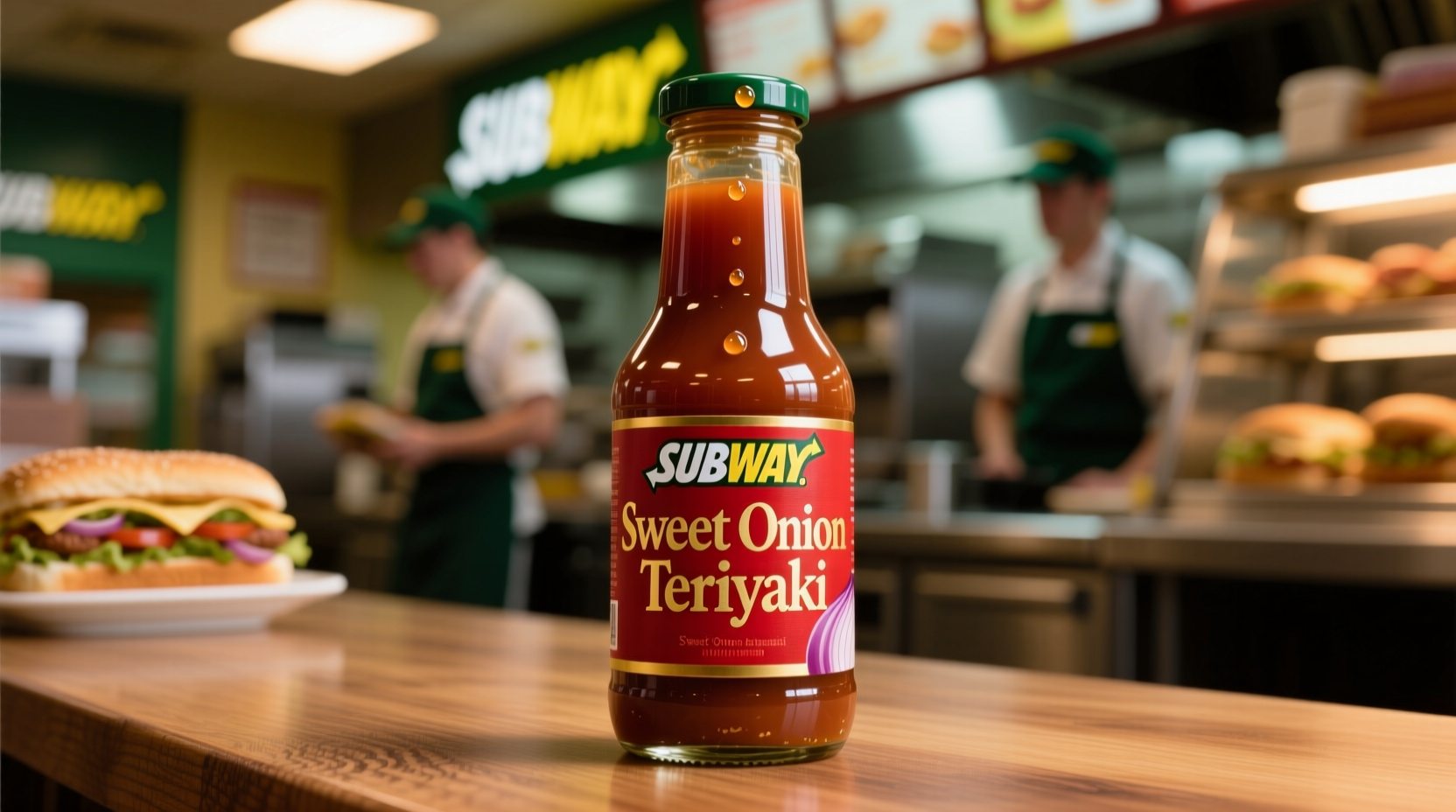 Close-up of Subway Sweet Onion Teriyaki sauce bottle