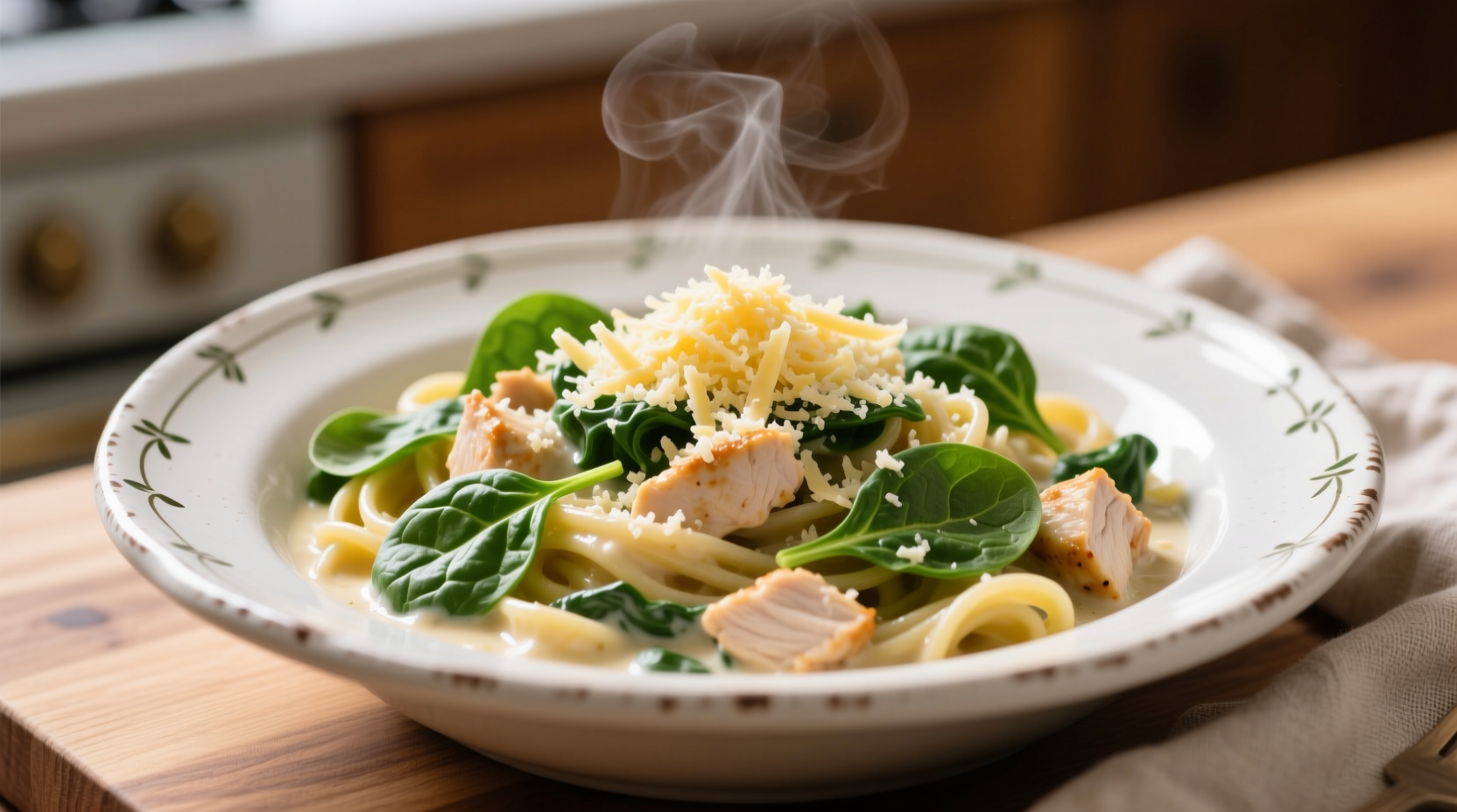 Creamy spinach pasta chicken in white bowl with fresh parmesan