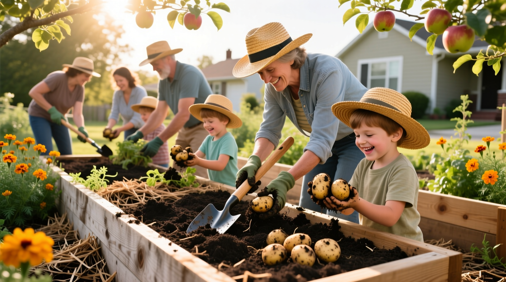Community members harvesting potatoes from raised garden beds