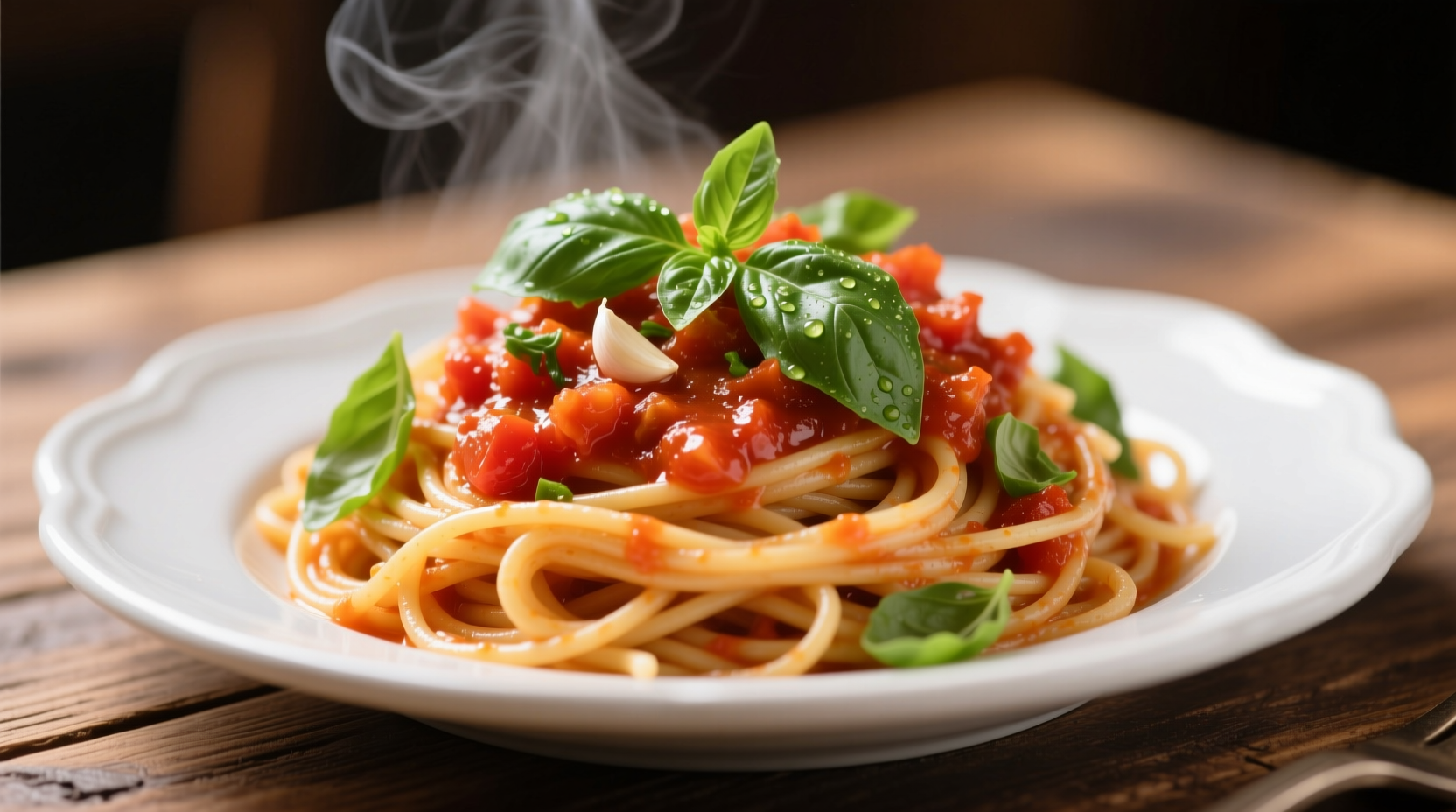 Fresh spaghetti with vibrant tomato sauce and basil garnish