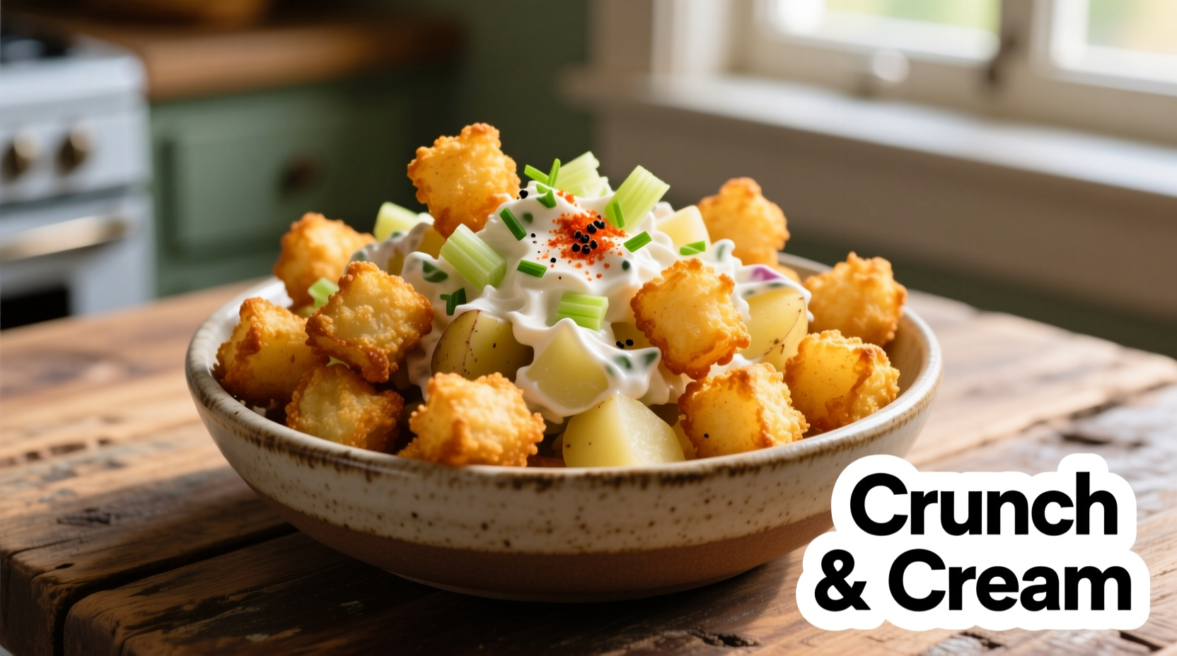 Crispy tater tots mixed with creamy potato salad