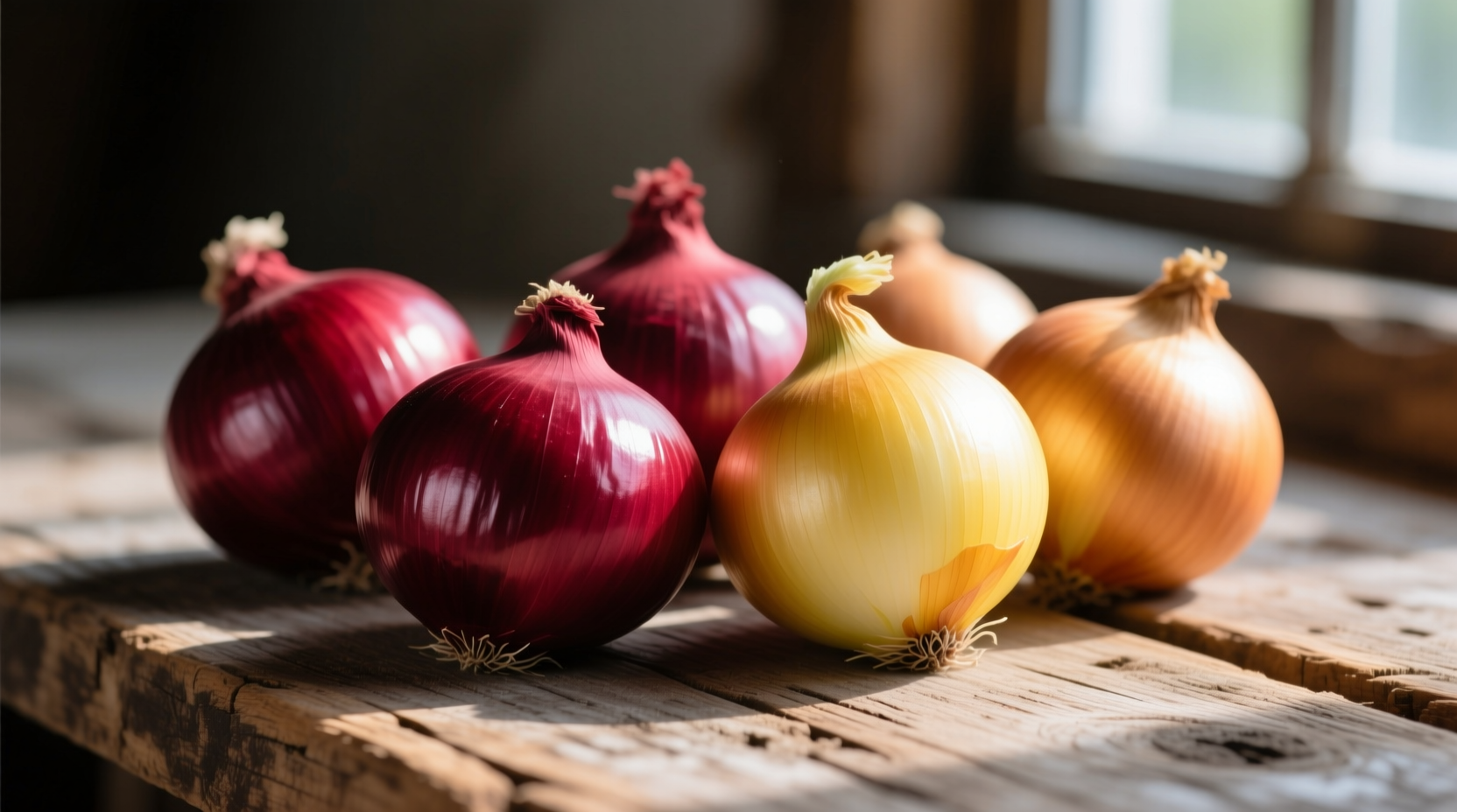 Professional food photography of red and yellow onions on wooden surface