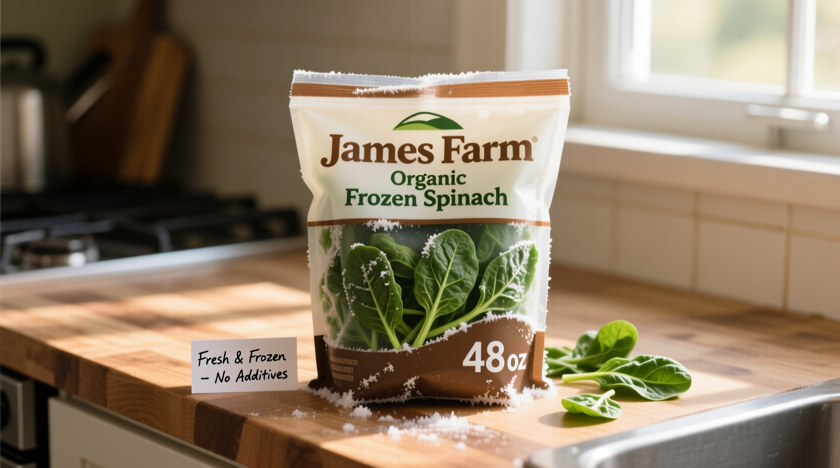James Farm 48 oz frozen spinach package on kitchen counter